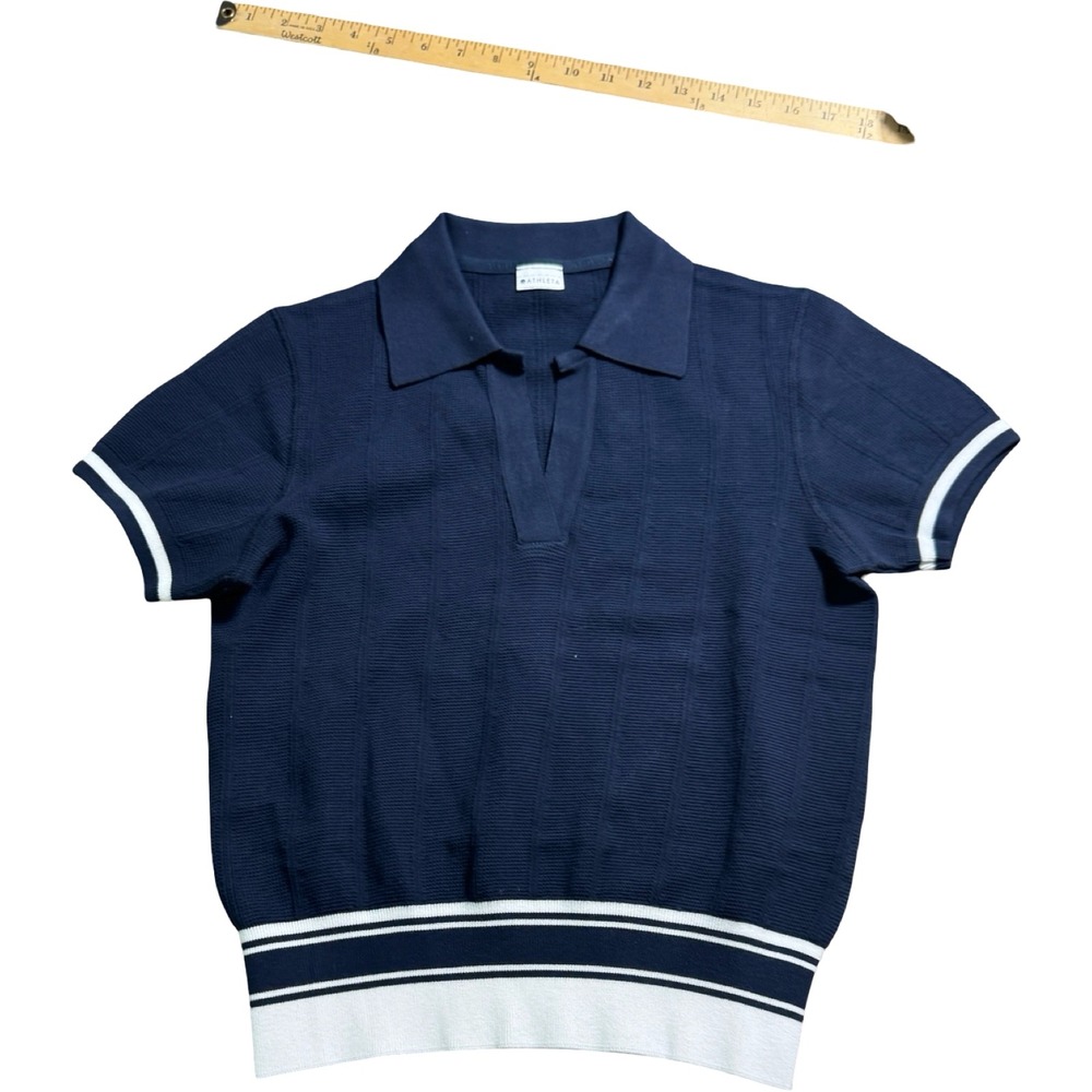 Athleta Womens Navy White Textured Knit Polo Shirt Short Sleeve Size Unknown